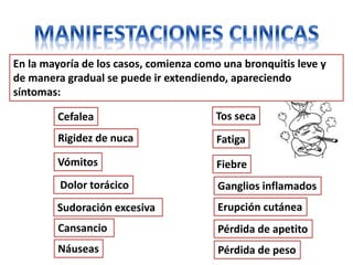 En la mayoría de los casos, comienza como una bronquitis leve y
de manera gradual se puede ir extendiendo, apareciendo
síntomas:

        Cefalea                         Tos seca
         Rigidez de nuca                Fatiga
        Vómitos                         Fiebre
         Dolor torácico                  Ganglios inflamados
        Sudoración excesiva              Erupción cutánea
         Cansancio                       Pérdida de apetito
         Náuseas                         Pérdida de peso
 