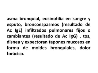 asma bronquial, eosinofilia en sangre y
esputo, broncoespasmos (resultado de
Ac IgE) infiltrados pulmonares fijos o
cambiantes (resultado de Ac IgG) , tos,
disnea y expectoran tapones mucosos en
forma de moldes bronquiales, dolor
torácico.
 