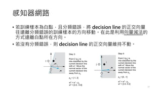 感知器網路
• 若訓練樣本為白點，且分類錯誤，將 decision line 的正交向量
往遠離分類錯誤的訓練樣本的方向移動。在此是利用向量減法的
方式遠離白點所在方向。
• 若沒有分類錯誤，則 decision line 的正交向量維持不動。
17
 