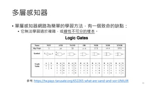 多層感知器
• 單層感知器網路為簡單的學習方法，有一個致命的缺點：
• 它無法學習過於複雜，或線性不可分的樣本。
20
參考: https://tw.pays-tarusate.org/652265-what-are-xand-and-xor-UNIUJR
 
