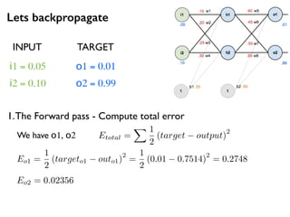 Lets backpropagate
i1 = 0.05
i2 = 0.10
o1 = 0.01
o2 = 0.99
1.The Forward pass - Compute total error
INPUT TARGET
We have o1, o2 Etotal =
X 1
2
(target output)
2
Eo1 =
1
2
(targeto1 outo1)
2
=
1
2
(0.01 0.7514)
2
= 0.2748
Eo2 = 0.02356
 