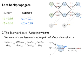 Lets backpropagate
i1 = 0.05
i2 = 0.10
o1 = 0.01
o2 = 0.99
2.The Backward pass - Updating weights
INPUT TARGET
@Etotal
@w5
=
@Etotal
@outo1
⇤
@outo1
@neto1
⇤
@neto1
@w5
We want to know how much a change in w5 affects the total error
 