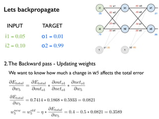Lets backpropagate
i1 = 0.05
i2 = 0.10
o1 = 0.01
o2 = 0.99
2.The Backward pass - Updating weights
INPUT TARGET
@Etotal
@w5
=
@Etotal
@outo1
⇤
@outo1
@neto1
⇤
@neto1
@w5
We want to know how much a change in w5 affects the total error
@Etotal
@w5
= 0.7414 ⇤ 0.1868 ⇤ 0.5933 = 0.0821
wnew
5 = wold
5 ⌘ ⇤
@Etotal
@w5
= 0.4 0.5 ⇤ 0.0821 = 0.3589
 