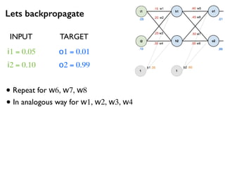 Lets backpropagate
i1 = 0.05
i2 = 0.10
o1 = 0.01
o2 = 0.99
• Repeat for w6, w7, w8
INPUT TARGET
• In analogous way for w1, w2, w3, w4
 