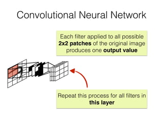 Convolutional Neural Network
Each ﬁlter applied to all possible
2x2 patches of the original image
produces one output value
Repeat this process for all ﬁlters in
this layer
 