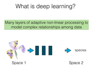 What is deep learning?
Many layers of adaptive non-linear processing to
model complex relationships among data
Space 1 Space 2
species
 