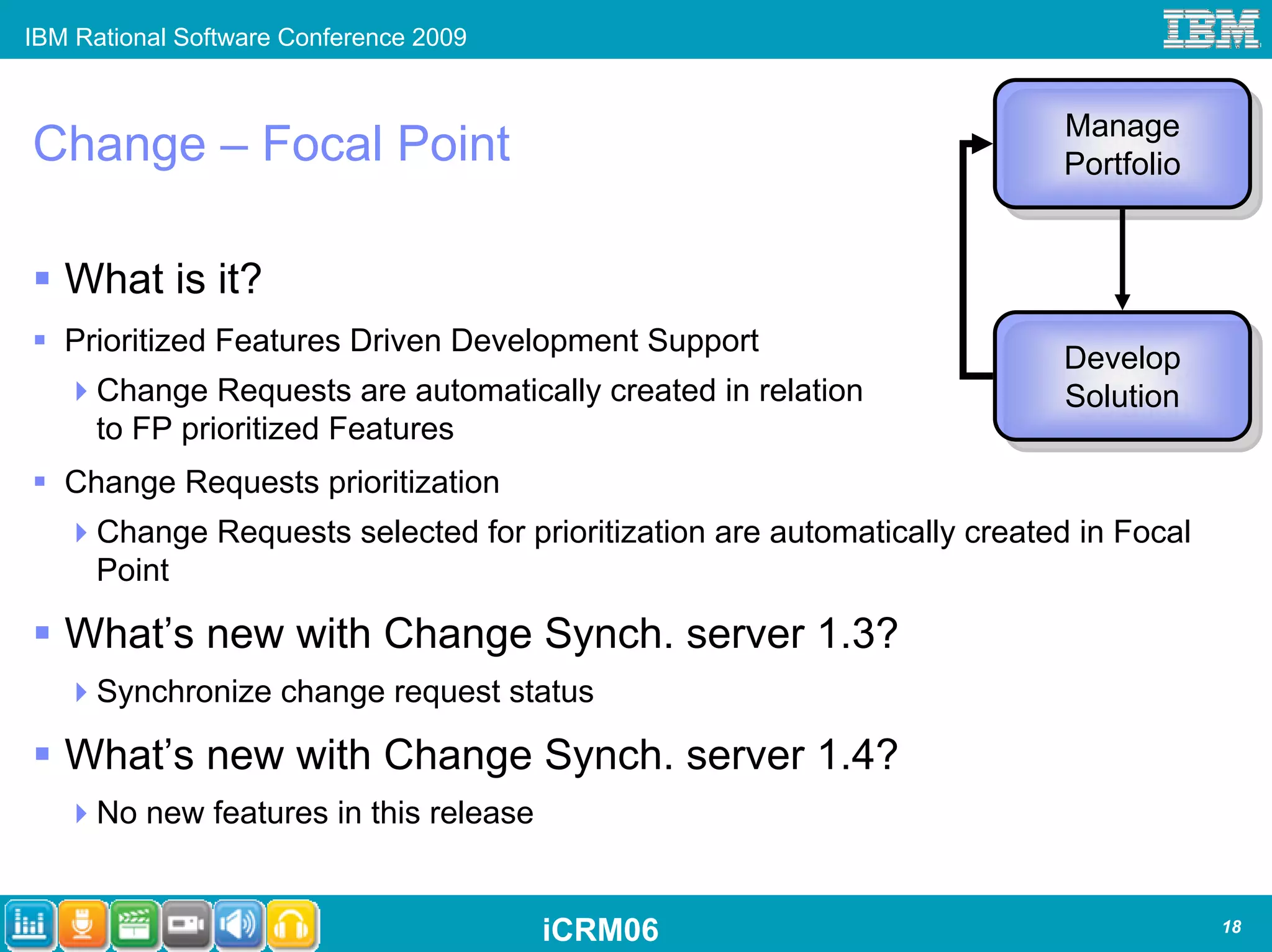 IBM Rational Software Conference 2009


                                                                          Manage
                                                                           Manage
Change – Focal Point                                                      Portfolio
                                                                          Portfolio


   What is it?
   Prioritized Features Driven Development Support
                                                                          Develop
                                                                          Develop
      Change Requests are automatically created in relation               Solution
                                                                           Solution
      to FP prioritized Features
   Change Requests prioritization
      Change Requests selected for prioritization are automatically created in Focal
      Point

   What’s new with Change Synch. server 1.3?
      Synchronize change request status

   What’s new with Change Synch. server 1.4?
      No new features in this release


                                        iCRM06                                         18
 