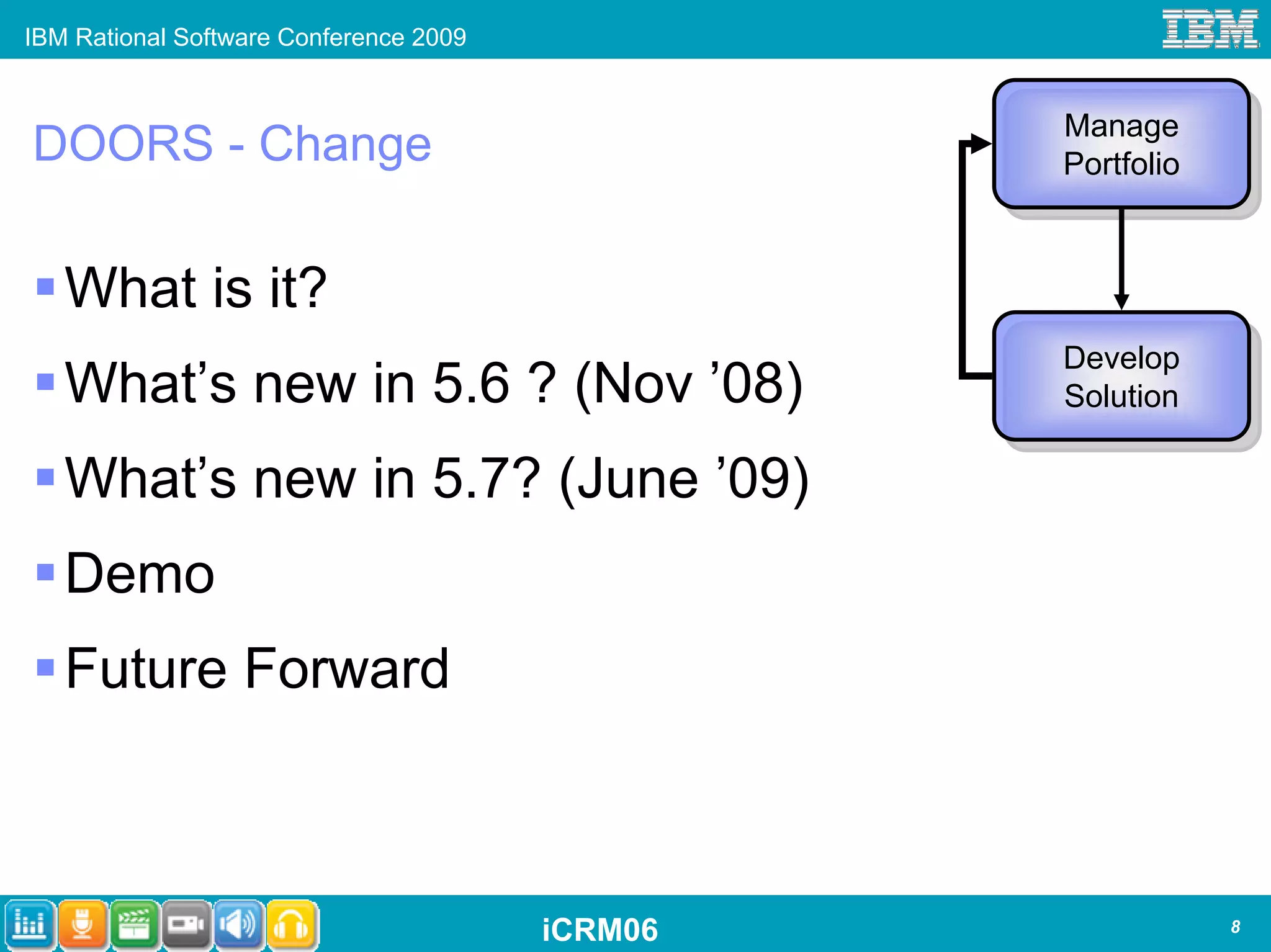 IBM Rational Software Conference 2009


                                                 Manage
                                                  Manage
DOORS - Change                                   Portfolio
                                                 Portfolio


   What is it?
                                                 Develop
                                                 Develop
   What’s new in 5.6 ? (Nov ’08)                 Solution
                                                  Solution

   What’s new in 5.7? (June ’09)
   Demo
   Future Forward



                                        iCRM06               8
 