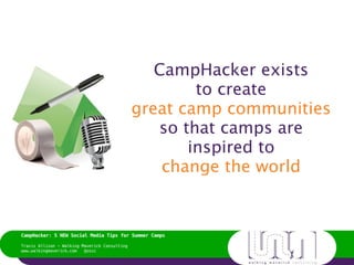 CampHacker exists
        to create
great camp communities
   so that camps are
       inspired to
    change the world
 
