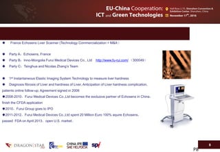 8
Conferência – Ciência e Tecnologia: Oportunidades de Negócio na China
P8
 France Echosens Liver Scanner (Technology Commercialization + M&A）
 Party A：Echosens, France
 Party B：Inno-Mongolia Furui Medical Devices Co., Ltd http://www.fu-rui.com/ （300049）
 Party C：Tsinghua and Nicolas Zhang’s Team
 1st Instantaneous Elastic Imaging System Technology to measure liver hardness
 Diagnosis fibrosis of Liver and hardness of Liver, Anticipation of Liver hardness complication,
patients online follow-up, Agreement signed in 2008
2008-2010，Furui Medical Devices Co.,Ltd becomes the exclusive partner of Echosens in China，
finish the CFDA application
2010，Furui Group goes to IPO
2011-2012，Furui Medical Devices Co.,Ltd spent 20 Million Euro 100% aquire Echosens，
passed FDA on April 2013，open U.S. market。
0 10 20 30 40 50 60 70 80
20
25
30
35
40
45
50
55
60
65
70
75
80
Time (ms)
Depth(mm)
 
