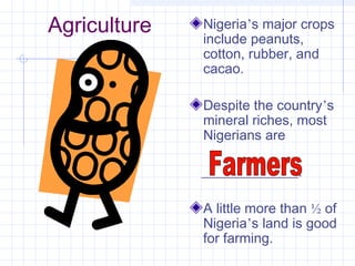 Agriculture Nigeria’s major crops
include peanuts,
cotton, rubber, and
cacao.
Despite the country’s
mineral riches, most
Nigerians are
______________.
A little more than ½ of
Nigeria’s land is good
for farming.
 