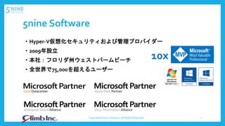 5nine Software
・Hyper-V仮想化セキュリティおよび管理プロバイダー
・2009年設立
・本社：フロリダ州ウェストパームビーチ
・全世界で75,000を超えるユーザー
Copyright(C)2017 Climb Inc. All Rights Reserved. 2
10x
 