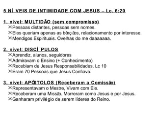 5 NÍ VEIS DE INTIMIDADE COM JESUS – Lc. 6:20
1. nível: MULTIDÃO (sem compromisso)
Pessoas distantes, pessoas sem nomes.
Eles queriam apenas as bênç ãos, relacionamento por interesse.
Mendigos Espirituais. Ovelhas do me daaaaaaa.
2. nível: DISCÍ PULOS
Aprendiz, alunos, seguidores
Admiravam o Ensino (+ Conhecimento)
Recebiam de Jesus Responsabilidades. Lc 10
Eram 70 Pessoas que Jesus Confiava.
3. nível: APÓSTOLOS (Receberam a Comissão)
Representavam o Mestre, Vivam com Ele.
Receberam uma Missão. Morreram como Jesus e por Jesus.
Ganharam privilégio de serem líderes do Reino.