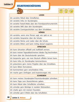 Lektion 2. Wohnen
LESEN
Ich verstehe Rätsel über Schulfächer.
Ich verstehe Infos im Stundenplan.
Ich verstehe Texte/E-Mails über den Fremdsprachenunterricht.
Ich verstehe SMS über den Stundenplan.
Ich verstehe Comicgeschichten aus dem Schulleben.
HÖREN
Ich verstehe, wenn eine Person sagt, wie spät es ist.
Ich verstehe Gespräche über die Schule.
Ich verstehe Reime und Lieder über die Schule.
Ich verstehe Bitten und kann richtig darauf reagieren.
SPRECHEN
Ich kann Uhrzeiten offiziell und inoffiziell nennen.
Ich kann meinen Tagesablauf/meinen idealen Tag beschreiben.
Ich kann über die Deutschstunde sprechen.
Ich bespreche gern, wie man Deutsch effektiv lernen kann.
Ich kann Infos im Stundenplan kommentieren.
Ich präsentiere gern meine Projekte über das Schulleben.
Ich kann Bitten formulieren.
Ich kommentiere gern verschiedene Infos.
Ich mache gern Umfragen und Inszenierungen mit.
SCHREIBEN
Ich kann meinen Stundenplan/Traumstundenplan schreiben.
Ich kann Tipps zum Deutschlernen geben.
Ich kann Rätsel über Schulfächer schreiben.
Ich schreibe gern Beiträge in sozialen Netzwerken.
Ich chatte gern mit meinen Freunden.
Ich schreibe gern E-Mails über das Schulleben.
SELBSTEINSCHÄTZUNG
Lektion 2
Lektion 2
Lektion 2
Lektion 2
48
 