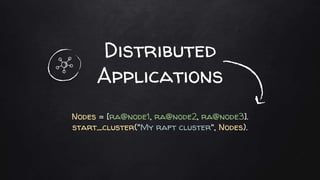 Distributed
Applications
Nodes = [ra@node1, ra@node2, ra@node3].
start_cluster("My raft cluster", Nodes).
 