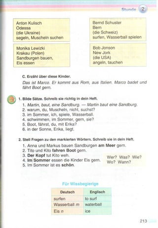 1. Finde Antonyme. Schreib sie in dein Heft. £ . £  

 
 	. 
Groß — klein, gut — … , … 
39 
groß traurig 
gut klein 
alt böse 
lustig jung 
2. Stell Fragen zu den Sätzen. 
 	  . 
1. Die Familie ist groß. — Wie ist die Familie? Ist die Familie groß? 
2. Der Vater ist klug. — … 
3. Die Mutter ist nett. 
4. Der Bruder ist mutig. 
5. Das Kind ist klein. 
6. Die Schwester ist lustig. 
7. Die Oma ist alt. 
STUNDE 3. WAS MACHT ERIKA? — SIE LERNT. 
lernen, singen, rennen, tanzen, basteln 
Was macht Anna? — Sie tanzt. 
1. A. Schau dir die Bilder an. ¥	 