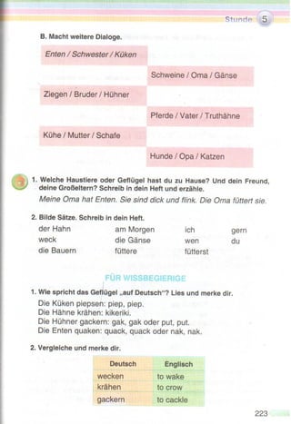 3 
41 
C. Merke dir. £’. 
ich du er, sie, es 
lern-en lern+e lern+st lern+t 
singen singe singst singt 
Aber: basteln bastle bastelst bastelt 
tanzen tanze tanzt tanzt 
3. Kettenspiel.  «¯€”ž». 
Ich lerne. Und was machst du? — Ich tanze. Und du? — Ich … 
4. Ratespiel.  «•». 
A. Was mache ich? B. Was macht er / sie? 
— Singst du? — Singt er / sie? 
— Nein. — Nein. 
— Tanzt du? — Tanzt er / sie? 
— Ja, ich tanze. Du bist dran. — Ja, er / sie tanzt. Du bist dran. 
Für Wissbegierige 
Deutsch Englisch 
singen to sing 
lernen to learn 
tanzen to dance 
rennen to run 
1. Ergänze die Sätze. Schreib sie in dein Heft auf. ˜ . £- 
  
 
 	. 
Ich ... . Und du? … du? (basteln) 
Erika … gut. … du auch gut? (tanzen) 
Max … . (rennen) 
Erika … Deutsch. (lernen) 
2. Stell Fragen zu den Sätzen. Schreib sie in dein Heft auf. 
 	- 
  . £  
 
 	. 
1. Ich singe. — Singst du? 
2. Anna tanzt. 
3. Tim bastelt. 
4. Ich renne. 
5. Die Schwester lernt. 
 