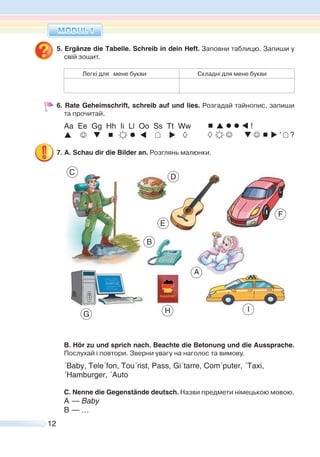 12
5. Ergänze die Tabelle. Schreib in dein Heft. Заповни таблицю. Запиши у
свій зошит.
Легкі для мене букви Складні для мене букви
6. Rate Geheimschrift, schreib auf und lies. Розгадай тайнопис, запиши
та прочитай.
Aa Ee Gg Hh Ii Ll Oo Ss Tt Ww
       
7. A. Schau dir die Bilder an. Розглянь малюнки.
B. Hör zu und sprich nach. Beachte die Betonung und die Aussprache.
Послухай і повтори. Зверни увагу на наголос та вимову.
´Baby, Tele´fon, Tou´rist, Pass, Gi´tarre, Com´puter, ´Taxi,
´Hamburger, ´Auto
C. Nenne die Gegenstände deutsch. Назви предмети німецькою мовою.
A — Baby
B — …
C
E
F
A
D
B
G H I
     !
      ’ ?
 