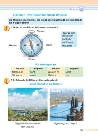 163163
STUNDE 7. WIR REISEN DURCH DIE UKRAINE
1. Schau dir das Bild an. Hör zu und sprich nach.
Für Wissbegierige
Deutsch Englisch Deutsch Englisch
Norden m north Westen m west
Süden m south Osten m ost
2. A. Schau dir die Bilder an. Lies und merke dir.
Meine Heimat ist die Ukraine
die Ukraine, die Heimat, die Stadt, die Hauptstadt, die Großstadt,
die Flagge, reisen
Merke dir!
im Norden
im Süden
im Westen
im OstenOsten
Norden
Westen
Süden
7
Kyjiw ist die Hauptstadt
der Ukraine.
Kyjiw liegt am Dnipro.
 