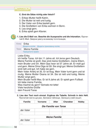 56
C. Sind die Sätze richtig oder falsch?
1. Erikas Mutter heißt Katrin.
2. Die Mutter ist nett und lustig.
3. Der Vater von Erika bastelt gern.
4. Die Großeltern von Erika wohnen in Bonn.
5. Lea singt gern.
6. Erika spielt gern Klavier.
1. Lies die E-Mail vor. Beachte die Aussprache und die Intonation. Прочи-
тай E-Mail. Зверни увагу на вимову та інтонацію.
2. Lies den Text noch einmal. Ergänze die Tabelle. Schreib in dein Heft.
Прочитай листа ще раз. Заповни таблицю. Запиши у свій зошит.
Familie Vorname Alter Charakter Hobby
Die Familie von Taras
der Vater
…
Meine Familie
der Vater
…
Erika
Liebe Erika,
ich heiße Taras. Ich bin 11 Jahre alt. Ich lerne gern Deutsch.
Meine Familie ist groß. Das sind meine Großeltern, meine Eltern,
mein Bruder und ich. Mein Opa Iwan ist 57 Jahre alt. Er malt gut
und gern. Meine Oma Olga ist 59. Sie singt gut. Meine Großeltern
sind nett und gut. Ich habe sie gern.
Mein Vater Andrij ist 35. Er ist klug. Mein Vater turnt gern und ist
mutig. Meine Mutter Oxana ist 34. Sie ist nett und lustig. Meine
Mutter singt gern.
Mein Bruder heißt Max. Er ist 9 Jahre alt. Er spielt gern Fußball.
Ich liebe meine Familie.
Was machst du gern? Schreib mir bitte!
Viele herzliche Grüße
dein Freund Taras
Meine Familie
 