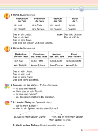 67
4. Merke dir. Запам’ятай.
Maskulinum
der / ein
Femininum
die / eine
Neutrum
das / ein
Plural
die / -
ein Kuli eine Tafel ein Lineal Lineale
ein Bleistift eine Schere ein Fenster Fenster
Das ist ein Lineal. Aber: Das sind Lineale.
Das ist ein Kuli. Das sind Kulis.
Das ist eine Tafel.
Das sind ein Bleistift und eine Schere.
5. Merke dir. Запам’ятай.
Maskulinum
der / ein / kein
Femininum
die / eine / keine
Neutrum
das / ein / kein
Plural
die / – / keine
kein Kuli keine Tafel kein Lineal keine Bleistifte
kein Bleistift keine Schere kein Fenster keine Kulis
Das ist kein Lineal.
Das ist kein Kuli.
Das ist keine Tafel.
Das sind keine Bleistifte.
6. Ratespiel „Ist das ein(e) … ?“. Гра «Відгадай».
— Ist das ein Filzstift?
— Nein, das ist kein Filzstift.
— Ist das eine Schere?
— Ja, das ist eine Schere. Du bist dran.
7. A. Lies den Dialog vor. Прочитай діалог.
— Wo ist mein Spitzer?
— Hier ist ein Spitzer. Ist das dein Spitzer?
— Ja. Das ist mein Spitzer. Danke. — Nein, das ist nicht mein Spitzer.
Mein Spitzer ist weg.
B. Macht weitere Dialoge. Складіть подібні діалоги.
2
 