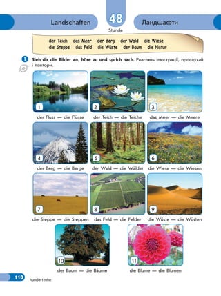 Stunde
110
ЛандшафтиLandschaften
hundertzehn
48
 Sieh dir die Bilder an, höre zu und sprich nach. Розглянь ілюстрації, прослухай
і повтори.
1 2 3
der Fluss — die Flüsse der Teich — die Teiche das Meer — die Meere
4 5 6
der Berg — die Berge der Wald — die Wälder die Wiese — die Wiesen
7 8 9
die Steppe — die Steppen das Feld — die Felder die Wüste — die Wüsten
der Teich das Meer der Berg der Wald die Wiese
die Steppe das Feld die Wüste der Baum die Natur
1110
der Baum — die Bäume die Blume — die Blumen
 