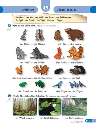Stunde
113
Лісові твариниWaldtiere 49
hundertdreizehn
 Höre zu und sprich nach. Прослухай і повтори.
der Hase — die Hasen der Bär — die Bären
der Wolf — die Wölfe der Fuchs — die Füchse
das Eichhörnchen — die Eichhörnchen der Igel — die Igel
der Frosch — die Frösche der Vogel — die Vögel
Welche Tiere leben hier? Schreibe. Які тварини тут живуть? Напиши.
Im Wald leben... Im Teich leben... Im Park leben...
der Hase der Bär der Wolf der Fuchs das Eichhörnchen
der Igel der Frosch der Vogel klettern fliegen
 