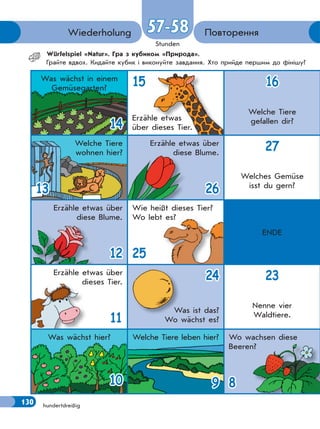 ENDE
130
Stunden
hundertdreißig
Wiederholung Повторення57-58
Würfelspiel «Natur». Гра з кубиком «Природа».
Грайте вдвох. Кидайте кубик i виконуйте завдання. Хто прийде першим до фінішу?
Was wächst in einem
Gemüsegarten?
14
15
Erzähle etwas
über dieses Tier.
16
Welche Tiere
gefallen dir?
Welche Tiere
wohnen hier?
13
Erzähle etwas über
diese Blume.
26
27
Welches Gemüse
isst du gern?
Erzähle etwas über
diese Blume.
12
Wie heißt dieses Tier?
Wo lebt es?
25
ENDE
Erzähle etwas über
dieses Tier.
11
24
Was ist das?
Wo wächst es?
23
Nenne vier
Waldtiere.
Was wächst hier?
10
Welche Tiere leben hier?
9
Wo wachsen diese
Beeren?
8
130
 