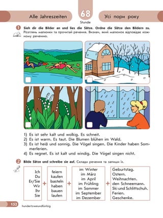 Stunde
152
Усі пори рокуAlle Jahreszeiten
hundertzweiundfünfzig
68
 Sieh dir die Bilder an und lies die Sätze. Ordne die Sätze den Bildern zu.
Розглянь малюнки та прочитай речення. Визнач, який малюнок відповідає кож-
ному реченню.
1) Es ist sehr kalt und wolkig. Es schneit.
2) Es ist warm. Es taut. Die Blumen blühen im Wald.
3) Es ist heiß und sonnig. Die Vögel singen. Die Kinder haben Som-
merferien.
4) Es regnet. Es ist kalt und windig. Die Vögel singen nicht.
Bilde Sätze und schreibe sie auf. Склади речення та запиши їх.
Ich
Du
Er/Sie
Wir
Ihr
Sie
feiern
kaufen
basteln
haben
bauen
laufen
im Winter
im März
im April
im Frühling
im Sommer
im September
im Dezember
Geburtstag.
Ostern.
Weihnachten.
den Schneemann.
Ski und Schlittschuh.
Ferien.
Geschenke.
 