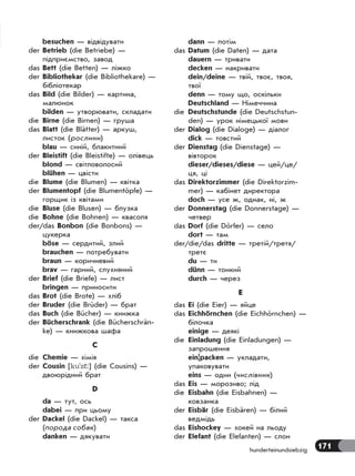 171hunderteinundsiebzig
besuchen — відвідувати
der Betrieb (die Betriebe) —
підприємство, завод
das Bett (die Betten) — ліжко
der Bibliothekar (die Bibliothekare) —
бібліотекар
das Bild (die Bilder) — картина,
малюнок
bilden — утворювати, складати
die Birne (die Birnen) — груша
das Blatt (die Blätter) — аркуш,
листок (рослини)
blau — синій, блакитний
der Bleistift (die Bleistifte) — олівець
blond — світловолосий
blühen — цвісти
die Blume (die Blumen) — квітка
der Blumentopf (die Blumentöpfe) —
горщик із квітами
die Bluse (die Blusen) — блузка
die Bohne (die Bohnen) — квасоля
der/das Bonbon (die Bonbons) —
цукерка
böse — сердитий, злий
brauchen — потребувати
braun — коричневий
brav — гарний, слухняний
der Brief (die Briefe) — лист
bringen — приносити
das Brot (die Brote) — хліб
der Bruder (die Brüder) — брат
das Buch (die Bücher) — книжка
der Bücherschrank (die Bücherschrän-
ke) — книжкова шафа
C
die Chemie — хімія
der Cousin [ku'zŠ:] (die Cousins) —
двоюрiдний брат
D
da — тут, ось
dabei — при цьому
der Dackel (die Dackel) — такса
(порода собак)
danken — дякувати
dann — потім
das Datum (die Daten) — дата
dauern — тривати
decken — накривати
dein/deine — твій, твоє, твоя,
твої
denn — тому що, оскільки
Deutschland — Німеччина
die Deutschstunde (die Deutschstun-
den) — урок німецької мови
der Dialog (die Dialoge) — діалог
dick — товстий
der Dienstag (die Dienstage) —
вівторок
dieser/dieses/diese — цей/це/
ця, ці
das Direktorzimmer (die Direktorzim-
mer) — кабінет директора
doch — усе ж, однак, ні, ж
der Donnerstag (die Donnerstage) —
четвер
das Dorf (die Dörfer) — село
dort — там
der/die/das dritte — третій/третя/
третє
du — ти
dünn — тонкий
durch — через
E
das Ei (die Eier) — яйце
das Eichhörnchen (die Eichhörnchen) —
білочка
einige — деякі
die Einladung (die Einladungen) —
запрошення
ein|packen — укладати,
упаковувати
eins — один (числівник)
das Eis — морозиво; лід
die Eisbahn (die Eisbahnen) —
ковзанка
der Eisbär (die Eisbären) — бiлий
ведмiдь
das Eishockey — хокей на льоду
der Elefant (die Elefanten) — слон
 
