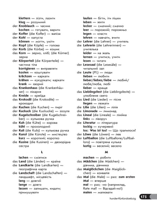 175hundertfünfundsiebzig
klettern — лізти, лазити
klug — розумний
der Knoblauch — часник
kochen — готувати, варити
der Koffer (die Koffer) — валіза
der Kohl — капуста
können — могти, уміти
der Kopf (die Köpfe) — голова
der Korb (die Körbe) — кошик
das Korn — зерно, хліб; (die Körner)
зерна
der Körperteil (die Körperteile) —
частина тіла
korrigieren — виправляти
kosten — коштувати
krächzen — каркати
krähen — кукурікати; каркати
krank — хворий
das Krankenhaus (die Krankenhäu-
ser) — лікарня
die Kreide — крейда
das Krokodil (die Krokodile) —
крокодил
der Kuchen (die Kuchen) — пиріг
der Kuckuck (die Kuckucke) — зозуля
der Kugelschreiber (die Kugelschrei-
ber) — кулькова ручка
die Kuh (die Kühe) — корова
kühl — прохолодний
der Kuli (die Kulis) — кулькова ручка
die Kunst (die Künste) — мистецтво
kurz — короткий; коротко
die Kusine (die Kusinen) — двоюрідна
сестра
L
lachen — сміятися
das Land (die Länder) — країна
die Landkarte (die Landkarten) —
географічна карта
die Landschaft (die Landschaften) —
ландшафт, місцевість
lang — довгий
lange — довго
lassen — залишати, кидати;
примушувати
laufen — бігти, іти пішки
leben — жити
lecker — смачний; смачно
leer — порожній; порожньо
legen — класти
lehren — навчати, вчити
der Lehrer (die Lehrer) — учитель
die Lehrerin (die Lehrerinnen) —
учителька
leider — на жаль
lernen — учитися, учити
lesen — читати
der Lesesaal (die Lesesäle) —
читальний зал
die Leute (Pl.) — люди
lieben — любити
lieber/liebes/liebe — любий/
любе/люба, любі
lieber — краще
das Lieblingsfest (die Lieblingsfeste) —
улюблене свято
das Lied (die Lieder) — пісня
liegen — лежати
die Lilie (die Lilien) — лілія
die Limonade — лимонад
das Lineal (die Lineale) — лінійка
links — ліворуч
die Literatur — література
lockig — кучерявий
los: Was ist los? — Що трапилося?
der Löwe (die Löwen) — лев
der Luftballon (die Luftballone/Luftbal-
lons) — повітряна кулька
lustig — веселий; весело
M
machen — робити
das Mädchen (die Mädchen) —
дівчина, дівчинка
das Maiglöckchen (die Maiglöck-
chen) — конвалія
das Mal (die Male) — раз: zum ersten
Mal — вперше
mal — раз; -но (наприклад,
Rate mal! — Відгадай-но!)
malen — малювати
 