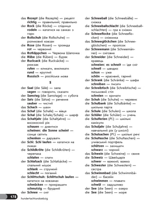 178 hundertachtundsiebzig
das Rezept (die Rezepte) — рецепт
richtig — правильний; правильно
der Rock (die Röcke) — спідниця
rodeln — кататися на санках з
гори
der Rollschuh (die Rollschuhe) —
роликовий ковзан
die Rose (die Rosen) — троянда
rot — червоний
das Rotkäppchen — Червона Шапочка
die Rübe (die Rüben) — буряк
der Rucksack (die Rucksäcke) —
рюкзак
rufen — кликати, викликати
rund — круглий
Russisch — російська мова
S
der Saal (die Säle) — зала
sagen — говорити, сказати
der Samstag (die Samstage) — субота
der Satz (die Sätze) — речення
sauber — чистий
das Schach — шахи
das Schaf (die Schafe) — вівця
der Schal (die Schale/Schals) — шарф
das Schaltjahr (die Schaltjahre) —
високосний рік
schauen — дивитися
scheinen: die Sonne scheint —
сонце світить
schenken — дарувати
der Schi: Schi laufen — кататися на
лижах
die Schildkröte (die Schildkröten) —
черепаха
schlafen — спати
der Schlafsack (die Schlafsäcke) —
спальний мішок
schlank — стрункий
schlecht — поганий
der Schlittschuh: Schlittschuh laufen —
кататися на ковзанах
schmücken — прикрашати
schmutzig — брудний
der Schnee — сніг
der Schneeball (die Schneebälle) —
сніжка
die Schneeballschlacht (die Schneeball-
schlachten) — гра в сніжки
die Schneeflocke (die Schneeflo-
cken) — сніжинка
das Schneeglöckchen (die Schnee-
glöckchen) — пролісок
der Schneemann (die Schneemän-
ner) — сніговик
der Schneider (die Schneider) —
кравець
schneien: es schneit — іде сніг
schnell — швидко
schon — уже
schön — красивий, гарний
der Schrank (die Schränke) — шафа
schreiben — писати
der Schreibtisch (die Schreibtische) —
письмовий стіл
schreien — кричати
der Schuh (die Schuhe) — черевик
die Schulbank (die Schulbänke) —
шкільна парта
die Schule (die Schulen) — школа
der Schüler (die Schüler) — учень
die Schulferien (Pl.) — шкільні
канікули
das Schuljahr (die Schuljahre) —
навчальний рік (у школі)
die Schulsachen (Pl.) — шкільні речі
die Schultasche (die Schultaschen) —
учнівський портфель
schützen — захищати
schwarz — чорний
das Schwein (die Schweine) — свиня
die Schweiz — Швейцарія
schwer — важкий; важко
die Schwester (die Schwestern) —
сестра
das Schwimmbad (die Schwimmbä-
der) — басейн
schwimmen — плавати
schwül — задушливо
der See (die Seen) — озеро
die See (die Seen) — море
 