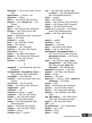 183hundertdreiundachtzig
відповідь — die Antwort (die Antwor-
ten)
відпочивати — erholen, sich
відчиняти — öffnen
вікно — das Fenster (die Fenster)
вільний — frei: вільний час — die
Freizeit
вірний — treu
вірш — das Gedicht (die Gedichte)
вітання — der Glückwunsch (die
Glückwünsche)
вітати — beglückwünschen, gratulieren
вітер — der Wind
вітряний — windig
вовк — der Wolf (die Wölfe)
вода — das Wasser
волейбол — der Volleyball
волосся — das Haar (die Haare)
вона/вони — sie
ворон — der Rabe (die Raben)
вправа — die Übung (die Übungen)
вухо — das Ohr (die Ohren)
вчасний — pünktlich
Г
гардероб — die Garderobe (die Gar-
deroben)
географічний: географічна карта —
die Landkarte (die Landkarten)
географія — die Erdkunde
гімназія — das Gymnasium (die Gym-
nasien)
гімнастика — die Gymnastik
гітара — die Gitarre (die Gitarren)
гладенький — glatt
глибокий — tief
говорити (сказати) — sagen
годинник — die Uhr (die Uhren)
голова — der Kopf (die Köpfe)
гора — der Berg (die Berge)
город — der Gemüsegarten (die
Gemüsegärten)
горох — die Erbse (die Erbsen)
горщик — der Topf (die Töpfe)
готовий — fertig
готувати (їжу) — kochen
гра — das Spiel (die Spiele): гра
в сніжки — die Schneeballschlacht
(die Schneeballschlachten)
грати — spielen
грип — die Grippe
гроза — das Gewitter (die Gewitter)
група — die Gruppe (die Gruppen)
груша — die Birne (die Birnen)
гумка (для стирання) — der Radier-
gummi (die Radiergummis)
гуска — die Gans (die Gänse)
Д
давати — geben
далекий — weit
дарувати — schenken
дата — das Datum (die Daten)
двері — die Tür (die Türen)
двоюрiдний: двоюрiдний брат —
der Cousin [ku'zŠ:] (die Cousins);
двоюрідна сестра — die Kusine
(die Kusinen)
день — der Tag (die Tage): день
народження — der Geburtstag
(die Geburtstage); День Св.
Миколая — der Nikolaustag
деревина (матеріал) — das Holz
дерево — der Baum (die Bäume)
деякі — einige
джинси — die Jeans
дивитися — schauen, sehen: дивитися
телевізор — fernsehen
дикий — wild
диня — die Melone (die Melonen)
дитина — das Kind (die Kinder)
діалог — der Dialog (die Dialoge)
дівчина — das Mädchen (die Mäd-
chen)
дід: Дід Мороз — der Weihnachts-
mann (die Weihnachtsmänner)
дідусь — der Opa (die Opas)
для — für
до побачення — auf Wiedersehen
добре — gut, wohl
довгий — lang
довго — lange
 