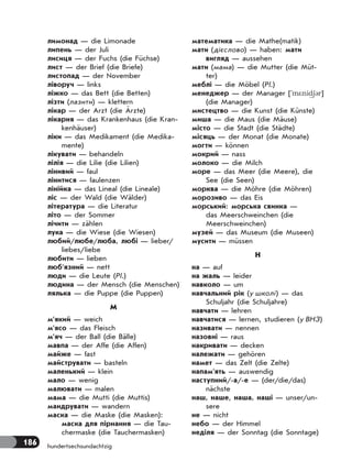 186 hundertsechsundachtzig
лимонад — die Limonade
липень — der Juli
лисиця — der Fuchs (die Füchse)
лист — der Brief (die Briefe)
листопад — der November
ліворуч — links
ліжко — das Bett (die Betten)
лізти (лазити) — klettern
лікар — der Arzt (die Ärzte)
лікарня — das Krankenhaus (die Kran-
kenhäuser)
ліки — das Medikament (die Medika-
mente)
лікувати — behandeln
лілія — die Lilie (die Lilien)
лінивий — faul
лінитися — faulenzen
лінійка — das Lineal (die Lineale)
ліс — der Wald (die Wälder)
література — die Literatur
літо — der Sommer
лічити — zählen
лука — die Wiese (die Wiesen)
любий/любе/люба, любі — lieber/
liebes/liebe
любити — lieben
люб’язний — nett
люди — die Leute (Pl.)
людина — der Mensch (die Menschen)
лялька — die Puppe (die Puppen)
М
м’який — weich
м’ясо — das Fleisch
м’яч — der Ball (die Bälle)
мавпа — der Affe (die Affen)
майже — fast
майструвати — basteln
маленький — klein
мало — wenig
малювати — malen
мама — die Mutti (die Muttis)
мандрувати — wandern
маска — die Maske (die Masken):
маска для пірнання — die Tau-
chermaske (die Tauchermasken)
математика — die Mathe(matik)
мати (дієслово) — haben: мати
вигляд — aussehen
мати (мама) — die Mutter (die Müt-
ter)
меблі — die Möbel (Pl.)
менеджер — der Manager ['m*nid63r]
(die Manager)
мистецтво — die Kunst (die Künste)
миша — die Maus (die Mäuse)
місто — die Stadt (die Städte)
місяць — der Monat (die Monate)
могти — können
мокрий — nass
молоко — die Milch
море — das Meer (die Meere), die
See (die Seen)
морква — die Möhre (die Möhren)
морозиво — das Eis
морський: морська свинка —
das Meerschweinchen (die
Meerschweinchen)
музей — das Museum (die Museen)
мусити — müssen
Н
на — auf
на жаль — leider
навколо — um
навчальний рік (у школі) — das
Schuljahr (die Schuljahre)
навчати — lehren
навчатися — lernen, studieren (у ВНЗ)
називати — nennen
назовні — raus
накривати — decken
належати — gehören
намет — das Zelt (die Zelte)
напам’ять — auswendig
наступний/-а/-е — (der/die/das)
nächste
наш, наше, наша, наші — unser/un-
sere
не — nicht
небо — der Himmel
неділя — der Sonntag (die Sonntage)
 