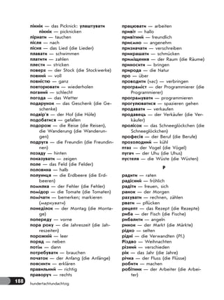 188 hundertachtundachtzig
пікнік — das Picknick: улаштувати
пікнік — picknicken
пірнати — tauchen
після — nach
пісня — das Lied (die Lieder)
плавати — schwimmen
платити — zahlen
плести — stricken
поверх — der Stock (die Stockwerke)
повний — voll
повністю — ganz
повторювати — wiederholen
поганий — schlecht
погода — das Wetter
подарунок — das Geschenk (die Ge-
schenke)
подвір’я — der Hof (die Höfe)
подобатися — gefallen
подорож — die Reise (die Reisen),
die Wanderung (die Wanderun-
gen)
подруга — die Freundin (die Freundin-
nen)
позаду — hinten
показувати — zeigen
поле — das Feld (die Felder)
половина — halb
полуниця — die Erdbeere (die Erd-
beeren)
помилка — der Fehler (die Fehler)
помідор — die Tomate (die Tomaten)
помічати — bemerken; markieren
(маркувати)
понеділок — der Montag (die Monta-
ge)
попереду — vorne
пора року — die Jahreszeit (die Jah-
reszeiten)
порожній — leer
поряд — neben
потім — dann
потребувати — brauchen
початок — der Anfang (die Anfänge)
пояснити — erklären
правильний — richtig
праворуч — rechts
працювати — arbeiten
привіт — hallo
привітний — freundlich
приємно — angenehm
призначати — verschreiben
прикрашати — schmücken
приміщення — der Raum (die Räume)
приносити — bringen
природа — die Natur
про — über
проводити (час) — verbringen
програміст — der Programmierer (die
Programmierer)
програмувати — programmieren
прогулюватися — spazieren gehen
продавати — verkaufen
продавець — der Verkäufer (die Ver-
käufer)
пролісок — das Schneeglöckchen (die
Schneeglöckchen)
професія — der Beruf (die Berufe)
прохолодний — kühl
птах — der Vogel (die Vögel)
пугач — der Uhu (die Uhus)
пустеля — die Wüste (die Wüsten)
Р
радити — raten
радісний — fröhlich
радіти — freuen, sich
ранок — der Morgen
рахувати — rechnen, zählen
рвати — pflücken
рецепт — das Rezept (die Rezepte)
риба — der Fisch (die Fische)
рибалити — angeln
ринок — der Markt (die Märkte)
рідко — selten
рідні — die Verwandten (Pl.)
Різдво — Weihnachten
різний — verschieden
рік — das Jahr (die Jahre)
річка — der Fluss (die Flüsse)
робити — machen
робітник — der Arbeiter (die Arbei-
ter)
 
