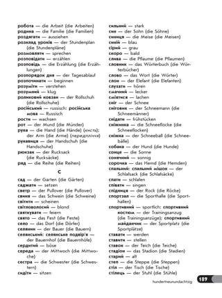 189hundertneunundachtzig
робота — die Arbeit (die Arbeiten)
родина — die Familie (die Familien)
роздягати — ausziehen
розклад уроків — der Stundenplan
(die Stundenpläne)
розмовляти — sprechen
розповідати — erzählen
розповідь — die Erzählung (die Erzäh-
lungen)
розпорядок дня — der Tagesablauf
розпочинати — beginnen
розуміти — verstehen
розумний — klug
роликовий ковзан — der Rollschuh
(die Rollschuhe)
російський — russisch: російська
мова — Russisch
рости — wachsen
рот — der Mund (die Münder)
рука — die Hand (die Hände) (кисть);
der Arm (die Arme) (передпліччя)
рукавиця — der Handschuh (die
Handschuhe)
рюкзак — der Rucksack
(die Rucksäсke)
ряд — die Reihe (die Reihen)
С
сад — der Garten (die Gärten)
саджати — setzen
светр — der Pullover (die Pullover)
свиня — das Schwein (die Schweine)
світити — scheinen
світловолосий — blond
святкувати — feiern
свято — das Fest (die Feste)
село — das Dorf (die Dörfer)
селянин — der Bauer (die Bauern)
селянський: селянське подвір’я —
der Bauernhof (die Bauernhöfe)
сердитий — böse
середа — der Mittwoch (die Mittwo-
che)
сестра — die Schwester (die Schwes-
tern)
сидіти — sitzen
сильний — stark
син — der Sohn (die Söhne)
синиця — die Meise (die Meisen)
синій — blau
сірий — grau
скоро — bald
слива — die Pflaume (die Pflaumen)
словник — das Wörterbuch (die Wör-
terbücher)
слово — das Wort (die Wörter)
слон — der Elefant (die Elefanten)
слухати — hören
смачний — lecker
сміятися — lachen
сніг — der Schnee
сніговик — der Schneemann (die
Schneemänner)
снідати — frühstücken
сніжинка — die Schneeflocke (die
Schneeflocken)
сніжка — der Schneeball (die Schnee-
bälle)
собака — der Hund (die Hunde)
сонце — die Sonne
сонячний — sonnig
сорочка — das Hemd (die Hemden)
спальний: спальний мішок — der
Schlafsack (die Schlafsäcke)
спати — schlafen
співати — singen
спідниця — der Rock (die Röcke)
спортзал — die Sporthalle (die Sport-
hallen)
спортивний — sportlich: спортивний
костюм — der Trainingsanzug
(die Trainingsanzüge); спортивний
майданчик — der Sportplatz (die
Sportplätze)
ставати — werden
ставити — stellen
ставок — der Teich (die Teiche)
стадіон — das Stadion (die Stadien)
старий — alt
степ — die Steppe (die Steppen)
стіл — der Tisch (die Tische)
стілець — der Stuhl (die Stühle)
 