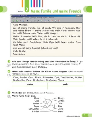 Lektion 2 Meine Familie und meine Freunde
27siebenundzwanzig
Hallo Michael,
das ist meine Familie. Sie ist groß. Wir sind 7 Personen. Hier
sind meine Eltern — meine Mutter und mein Vater. Meine Mut-
ter heißt Tetjana, mein Vater heißt Maxym.
Meine Schwester heißt Lina, sie ist klein — sie ist 5 Jahre alt.
Mein Bruder heißt Wlad. Er ist 7 Jahre alt.
Ich habe auch Großeltern. Mein Opa heißt Iwan, meine Oma
heißt Maria.
Und wie ist deine Familie? Schreib mir mal!
Viele Grüße!
Dein Artem
Höre zwei Dialoge. Welcher Dialog passt zum Familienbaum in Übung 2? Про-
слухай два діалоги. Який діалог підходить до родинного дерева у вправі 2?
Zum Familienbaum passt Dialog...
«Mein» oder «meine»? Sortiere die Wörter in zwei Gruppen. «Мій» чи «моя»?
Розподіли слова на дві групи.
Vater, Bruder, Oma, Eltern, Schwester, Opa, Geschwister, Mutter,
Großmutter, Papa, Großeltern, Großvater, Mama
meine mein
Wie heißen sie? Erzähle. Як їх звати? Розкажи.
Meine Oma heißt Lisa.
Oma
Opa
Mama
Papa
Schwester
Bruder
Denys
Anton
Tom
Lisa
Alina
Dana
 
