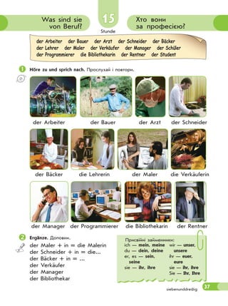 Stunde
37
15 Хто вони
за професією?
Was sind sie
von Beruf?
Höre zu und sprich nach. Прослухай і повтори.
робітник селянин лікар кравець
der Arbeiter der Bauer der Arzt der Schneider
пекар учитель художник продавець
der Bäcker die Lehrerin der Maler die Verkäuferin
менеджер програміст бібліотекар пенсіонер
der Manager der Programmierer die Bibliothekarin der Rentner
Ergänze. Доповни.
der Maler + in = die Malerin
der Schneider + in = die...
der Bäcker + in = ...
der Verkäufer
der Manager
der Bibliothekar
Присвійні займенники:
ich — mein, meine
du — dein, deine
er, es — sein,
seine
sie — ihr, ihre
wir — unser,
unsere
ihr — euer,
eure
sie — ihr, ihre
Sie — Ihr, Ihre
der Arbeiter der Bauer der Arzt der Schneider der Bäcker
der Lehrer der Maler der Verkäufer der Manager der Schüler
der Programmierer die Bibliothekarin der Rentner der Student
siebenunddreißig
 