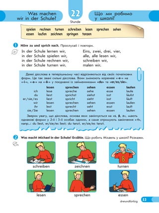 Stunde
53
22
dreiundfünfzig
spielen rechnen turnen schreiben lesen sprechen sehen
essen laufen zeichnen springen tanzen
Що ми робимо
у школі?
Was machen
wir in der Schule?
 Höre zu und sprich nach. Прослухай і повтори.
In der Schule lernen wir,
in der Schule spielen wir,
in der Schule rechnen wir,
in der Schule turnen wir.
Eins, zwei, drei, vier,
alle, alle lesen wir,
schreiben wir,
malen wir.
Деякі дієслова в теперішньому часі відрізняються від своїх початкових
форм. Це так звані сильні дієслова. Вони змінюють кореневі «-e-» на
«-i-», «-a-» на «-ä-» у поєднанні із займенниками «du» та «er/es/sie».
lesen sprechen sehen essen laufen
ich lese spreche sehe esse laufe
du liest sprichst siehst isst läufst
er/sie/es liest spricht sieht isst läuft
wir lesen sprechen sehen essen laufen
ihr lest sprecht seht esst lauft
sie/Sie lesen sprechen sehen essen laufen
Зверни увагу, що дієслова, основа яких закінчується на «s, ß, z», мають
однакові форми у 2-й і 3-й особах однини, а саме отримують закінчення «-t»,
напр..: du liest, er/sie/es liest; du tanzt, er/sie/es tanzt.
Was macht Michael in der Schule? Erzähle. Що робить Міхаель у школі? Розкажи.
schreiben zeichnen turnen
lesen sprechen essen
 