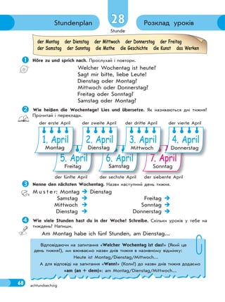 Stunde
68
Розклад уроківStundenplan
achtundsechzig
28
 Höre zu und sprich nach. Прослухай і повтори.
Welcher Wochentag ist heute?
Sagt mir bitte, liebe Leute!
Dienstag oder Montag?
Mittwoch oder Donnerstag?
Freitag oder Sonntag?
Samstag oder Montag?
Wie heißen die Wochentage? Lies und übersetze. Як називаються дні тижня?
Прочитай і переклади.
der Montag der Dienstag der Mittwoch der Donnerstag der Freitag
der Samstag der Sonntag die Mathe die Geschichte die Kunst das Werken
Nenne den nächsten Wochentag. Назви наступний день тижня.
M u s t e r: Montag  Dienstag
Samstag  Freitag 
Mittwoch  Sonntag 
Dienstag  Donnerstag 
Wie viele Stunden hast du in der Woche? Schreibe. Скільки уроків у тебе на
тиждень? Напиши.
Am Montag habe ich fünf Stunden, am Dienstag...
5. April
Freitag
6. April
Samstag
7. April
Sonntag
pppprriiiiiiiiiilllllllllll
4. April
Donnerstag
ppprrriiiiiiiilllllllll 7777777777 AAAAAAAAAAAA
3. April
Mittwoch
pprrrriiiiiiiilllllllll 666666666 AAAAAAAAA
2. April
Dienstag
555555555 AAAAAAAAAAAAAAp
1. April
Montag
der fünfte April der sechste April der siebente April
der erste April der zweite April der dritte April der vierte April
Відповідаючи на запитання «Welcher Wochentag ist das?» (Який це
день тижня?), ми вживаємо назви днів тижня в називному відмінку:
Heute ist Montag/Dienstag/Mittwoch...
А для відповіді на запитання «Wann?» (Коли?) до назви днів тижня додаємо
«am (an + dem)»: am Montag/Dienstag/Mittwoch...
 