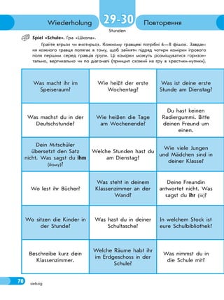 70
Stunden
siebzig
ПовторенняWiederholung
Spiel «Sсhule». Гра «Школа».
Грайте втрьох чи вчотирьох. Кожному гравцеві потрібні 6—8 фішок. Завдан-
ня кожного гравця полягає в тому, щоб зайняти підряд чотири комірки ігрового
поля першим серед гравців групи. Ці комірки можуть розміщуватися горизон-
тально, вертикально чи по діагоналі (принцип схожий на гру в хрестики-нулики).
Was macht ihr im
Speiseraum?
Wie heißt der erste
Wochentag?
Was ist deine erste
Stunde am Dienstag?
Was machst du in der
Deutschstunde?
Wie heißen die Tage
am Wochenende?
Du hast keinen
Radiergummi. Bitte
deinen Freund um
einen.
Dein Mitschüler
übersetzt den Satz
nicht. Was sagst du ihm
(йому)?
Welche Stunden hast du
am Dienstag?
Wie viele Jungen
und Mädchen sind in
deiner Klasse?
Wo lest ihr Bücher?
Was steht in deinem
Klassenzimmer an der
Wand?
Deine Freundin
antwortet nicht. Was
sagst du ihr (їй)?
Wo sitzen die Kinder in
der Stunde?
Was hast du in deiner
Schultasche?
In welchem Stock ist
eure Schulbibliothek?
Beschreibe kurz dein
Klassenzimmer.
Welche Räume habt ihr
im Erdgeschoss in der
Schule?
Was nimmst du in
die Schule mit?
29-30
70
 