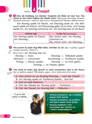 Lektion 4 Freizeit
76 sechsundsiebzig
 Höre die Erzählung von Michael. Vergleiche die Bilder mit dem Text. Was
stimmt im Text nicht? Ergänze die Tabelle unten. Прослухай розповідь Міхаеля.
Порівняй малюнки з текстом. Що в тексті неправильно? Заповни таблицю внизу.
Am Montag spiele ich Klavier. Am Dienstag skate ich. Am Mitt-
woch spiele ich Gitarre. Am Donnerstag gehe ich ins Kino. Am Freitag
bastle ich. Am Samstag schwimme ich. Am Sonntag lese ich ein Buch.
Michael sagt: In der Tat (насправді):
Am Montag spiele ich Klavier.
Am Dienstag...
Das stimmt nicht. Am Montag
schwimmt er.
Das stimmt nicht. Am Dienstag...
Was machst du jeden Tag? Bilde Sätze. Schreibe sie auf. Що ти робиш щодня?
Склади речення. Запиши їх.
M u s t e r: Am Montag lese ich.
Montag — lesen Dienstag — Volleyball spielen
Mittwoch — schwimmen Donnerstag — Tischtennis spielen
Freitag — Klavier spielen Samstag — ins Kino gehen
Sonntag — ins Theater gehen
Was macht ihr jeden Tag? Sprecht zu zweit, kommentiert dann in der Klasse.
Що ви робите щодня? Обговоріть удвох, потім прокоментуйте класу.
A: Was machst du am Montag/Dienstag ... nach der Schule?
B: Am Montag spiele ich Tischtennis/bastle... Und du?
A: Und ich laufe Rollschuh.
A: (Vor der Klasse) Am Montag spielt ... Tischtennis, ...
B: (Vor der Klasse) Am Montag läuft ... Rollschuh...
А це ти вже
знаєш та можеш.
 Можеш розповісти, що ти робиш
щодня після уроків.
 Можеш розповісти, що роблять
твої друзі щодня після уроків.
 Можеш порівняти зміст
розповідей про вільний час
і знайти невідповідності.
 