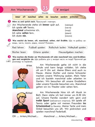 Stunde
83dreiundachtzig
У вихідніAm Wochenende 35
 Höre zu und sprich nach. Прослухай і повтори.
Am Wochenende stehe ich immer spät auf. (завжди)
Ich spiele oft Tennis. (часто)
Manchmal schwimme ich. (іноді)
Ich sehe selten fern. (рідко)
Ich skate nie. (ніколи)
Was machst du immer, oft, manchmal, selten, nie? Erzähle. Що ти робиш за-
вжди, часто, інколи, рідко, ніколи? Розкажи.
Rad fahren Fußball spielen Rollschuh laufen Volleyball spielen
Bücher lesen Gitarre spielen Hausaufgaben machen
Was machen die Kinder am Wochenende oft oder manchmal? Lies zwei Erzählun-
gen und vergleiche sie. Що роблять діти у вихідні часто чи іноді? Прочитай дві
розповіді та порівняй.
Am Wochenende gehe ich nicht in die
Schule und kann lange schlafen. Ich stehe
oft um 9 Uhr auf. Meine Eltern sind auch zu
Hause. Meine Mutter und meine Schwester
machen unsere Wohnung sauber. Mein Vater
und ich basteln manchmal oder arbeiten im
Garten. Wir besuchen oft unsere Großeltern
oder unsere Freunde besuchen uns. Manchmal
gehen wir ins Theater oder sehen fern.
Am Wochenende höre ich oft Musik im
Bett. Dann stehe ich fast immer um 8.30 Uhr
auf. Unsere Familie wandert sehr gern und
treibt Sport (займається спортом). Ich spiele oft
Tennis oder gehe mit meinen Freunden ins
Schwimmbad (у басейн). Meine Tante und mein
Onkel besuchen uns oft. Wir picknicken und
spielen manchmal Federball.
Oft ... Artem/Michael... Manchmal ... Artem/Michael...
immer oft manchmal selten nie besuchen wandern picknicken
Artem
Michael
 