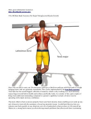 More great information located at:
http://BestBackExercises.net/
5 No BS Best Back Exercises For Super Nitroglycerin Muscle Growth

Guys who are able to carry out 30 consecutive pull-ups or finish ten pull-ups with 90 pounds of weight
hanging from a belt are genuinely remarkable. This can be implemented by the best back exercises.
Your back has the second biggest collection of muscles, which is why working on it most definitely
repays huge rewards both in health and wellness and bodily looks. As a matter of fact, quite couple of
things look additional outstanding compared to a person's capability to attack a front or rear lat
spreading with simple and easy confidence.
The most effective back exercises properly boost your back muscles, hence enabling you to pick up any
sort of massive item with the assistance of your leg muscular tissues. A solid back likewise lets you
relocate your body quickly in any direction, yet a lot of particularly when you have to lift yourself up.
Moreover, a strong back secures you from having muscle problems that often result from overtraining

 