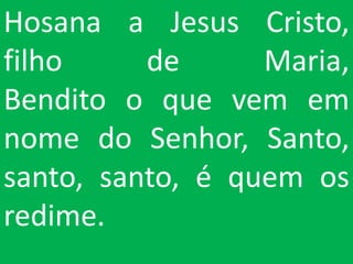 Hosana a Jesus Cristo,
filho     de      Maria,
Bendito o que vem em
nome do Senhor, Santo,
santo, santo, é quem os
redime.
 