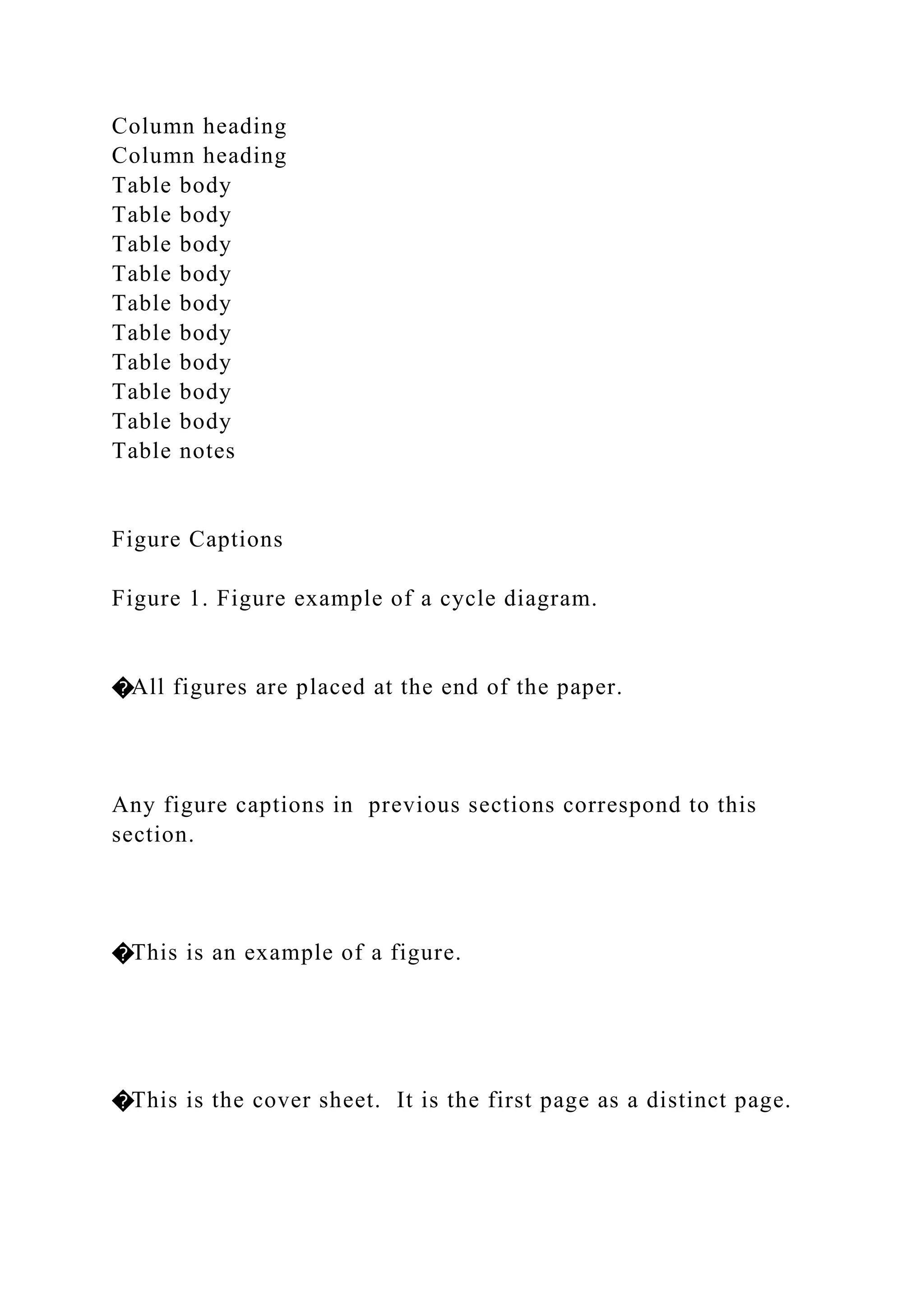 Column heading
Column heading
Table body
Table body
Table body
Table body
Table body
Table body
Table body
Table body
Table body
Table notes
Figure Captions
Figure 1. Figure example of a cycle diagram.
�All figures are placed at the end of the paper.
Any figure captions in previous sections correspond to this
section.
�This is an example of a figure.
�This is the cover sheet. It is the first page as a distinct page.
 