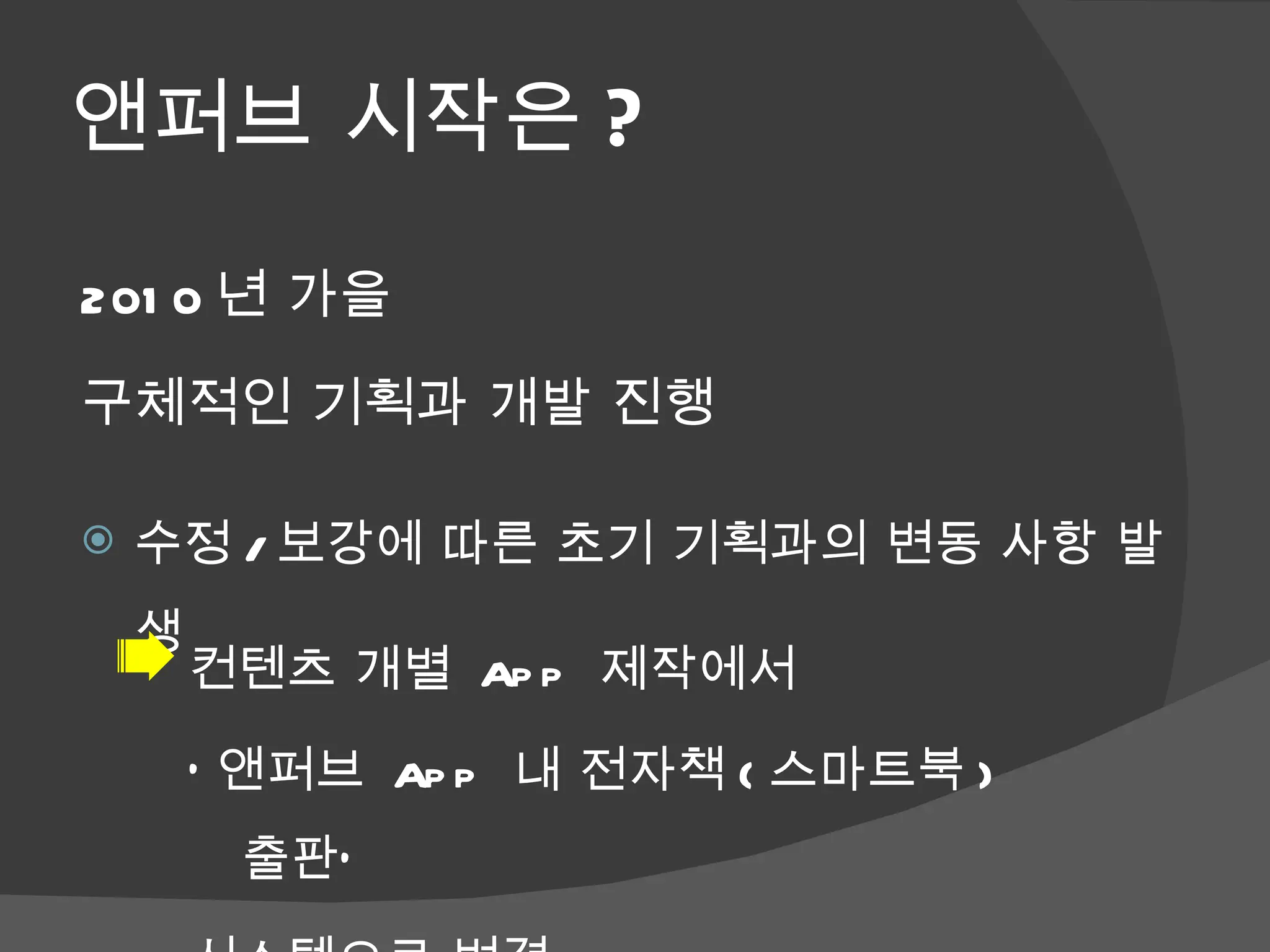 앤퍼브 시작은 ? 2010 년 가을 구체적인 기획과 개발 진행 수정 / 보강에 따른 초기 기획과의 변동 사항 발생  컨텐츠 개별  App  제작에서  ‘ 앤퍼브  App  내 전자책 ( 스마트북 )  출판’  시스템으로 변경 