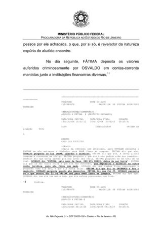 MINISTÉRIO PÚBLICO FEDERAL
PROCURADORIA DA REPÚBLICA NO ESTADO DO RIO DE JANEIRO
pessoa por ele achacada, o que, por si só, é revelador da natureza
espúria do aludido encontro.
No dia seguinte, FÁTIMA deposita os valores
auferidos criminosamente por OSVALDO em contas-corrente
mantidas junto a instituições financeiras diversas.11
===========================================================
===========
TELEFONE NOME DO ALVO
2199989878 MARINILDE DE FÁTIMA RODRIGUES
FERREIRA
INTERLOCUTORES/COMENTÁRIO
OSVALDO X FÁTIMA @ (DEPÓSITO UNIBANCO)
DATA/HORA INICIAL DATA/HORA FINAL DURAÇÃO
10/01/2006 15:01:12 10/01/2006 15:06:43 00:05:31
ALVO INTERLOCUTOR ORIGEM DA
LIGAÇÃO TIPO
A
RESUMO
CASO DIA 09/01/06
DIÁLOGO
Início da conversa sem interesse, após OSVALDO pergunta a
FÁTIMA se ela entregou o dinheiro para NANÁ fazer as compras. FÁTIMA diz que sim.
OSVALDO pergunta se ela (NANÁ) guardou o dinheiro. FÁTIMA diz que sim. A certa altura
começam a conversar em código. FÁTIMA pergunta o que ele tinha pedido além dos remédios.
OSVALDO diz que havia pedido pra ela levar dez reais. FÁTIMA pergunta se em nota de um
real. OSVALDO diz "FÁTIMA, pelo amor de Deus, DEZ MIL REAIS, deixa de ser burra". FÁTIMA
diz que já fez outra coisa e que ele não entendeu, que depositou o dinheiro na outra
conta jurídica, pois ela ficou com medo. OSVALDO diz que também ficou preocupado e
pergunta como ela fez, e que ela podia falar. FÁTIMA diz que foi ao UNIBANCO e fez o
depósito. OSVALDO pergunta quanto ela depositou. FÁTIMA diz que foi 25. OSVALDO pergunta
se o que restou dos 25 se FÁTIMA deu para NANÁ fazer as compras. FÁTIMA diz que sim.
OSVALDO diz que ela fez muito bem, que ele estava preocupado com isso.
11 Confira.
TELEFONE NOME DO ALVO
2199989878 MARINILDE DE FÁTIMA RODRIGUES
FERREIRA
INTERLOCUTORES/COMENTÁRIO
OSVALDO X FÁTIMA @
DATA/HORA INICIAL DATA/HORA FINAL DURAÇÃO
10/01/2006 08:14:08 10/01/2006 08:14:59 00:00:51
Av. Nilo Peçanha, 31 – CEP 20020-100 – Castelo – Rio de Janeiro – RJ
 