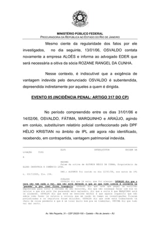 MINISTÉRIO PÚBLICO FEDERAL
PROCURADORIA DA REPÚBLICA NO ESTADO DO RIO DE JANEIRO
Mesmo ciente da regularidade dos fatos por ele
investigados, no dia seguinte, 13/01/06, OSVALDO contata
novamente a empresa ALOÉS e informa ao advogado EDER que
será necessária a oitiva da sócia ROZANE RANGEL DA CUNHA.
Nesse contexto, é indiscutível que a exigência de
vantagem indevida pelo denunciado OSVALDO é subentendida,
depreendida indiretamente por aqueles a quem é dirigida.
EVENTO 05 (INCIDÊNCIA PENAL: ARTIGO 317 DO CP)
No período compreendido entre os dias 31/01/06 e
14/02/06, OSVALDO, FÁTIMA, MARQUINHO e ARAÚJO, agindo
em conluio, substituíram relatório policial confeccionado pelo DPF
HÉLIO KRISTIAN no âmbito de IPL até agora não identificado,
recebendo, em contrapartida, vantagem patrimonial indevida.
ALVO INTERLOCUTOR ORIGEM DA
LIGAÇÃO TIPO
A
RESUMO
Falam da oitiva de ALTOMIR RÉGIS DA CUNHA, Proprietário da
ALOES INDÚSTRIA E COMÉRCIO LTDA.
OBS.: ALTOMIR foi ouvido no dia 12/01/06, nos autos do IPL
n. 3317/2005, fls. 234.
DIÁLOGO
OSVALDO diz que já saiu, que foi almoçar. OSVALDO diz que o
cara não tem nada a ver, que não está devendo e que ao que tudo indica é inocente na
"parada" e por isso ficou tranqüilo. OSVALDO diz que teve que pegar um escrivão
emprestado para ouvir e reclama de seu escrivão, diz que não consegue falar com ele no
celular e que ele está lhe parecendo meio malandro, diz que a sorte é que MARQUINHO está
lá ajudando. OSVALDO diz que está se sentindo melhor e que aquele inquérito que não
sabia como fazer já relatou e colocou que em razão do tempo as investigações ficaram
prejudicadas e os registros foram diluídos. OSVALDO diz que onde está trabalhando tá
cheio de coisa pendente e que é um local muito bom pra se trabalhar. FÁTIMA diz que tudo
vai dar certo.
Av. Nilo Peçanha, 31 – CEP 20020-100 – Castelo – Rio de Janeiro – RJ
 