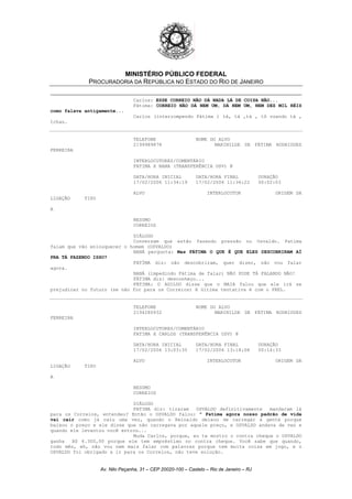 MINISTÉRIO PÚBLICO FEDERAL
PROCURADORIA DA REPÚBLICA NO ESTADO DO RIO DE JANEIRO
Carlos: ESSE CORREIO NÃO DÁ NADA LÁ DE COISA NÃO...
Fátima: CORREIO NÃO DÁ NEM UM, DÁ NEM UM, NEM DEZ MIL RÉIS
como falava antigamente...
Carlos (interrompendo Fátima ) tá, tá ,tá , tô voando tá ,
tchau.
TELEFONE NOME DO ALVO
2199989878 MARINILDE DE FÁTIMA RODRIGUES
FERREIRA
INTERLOCUTORES/COMENTÁRIO
FATIMA X NANA (TRANSFERÊNCIA OSV) @
DATA/HORA INICIAL DATA/HORA FINAL DURAÇÃO
17/02/2006 11:34:19 17/02/2006 11:36:22 00:02:03
ALVO INTERLOCUTOR ORIGEM DA
LIGAÇÃO TIPO
A
RESUMO
CORREIOS
DIÁLOGO
Conversam que estão fazendo pressão no Osvaldo. Fatima
falam que vão enlouquecer o homem (OSVALDO)
NANÁ pergunta: Mas FÁTIMA O QUE É QUE ELES DESCOBRIRAM AÍ
PRA TÁ FAZENDO ISSO?
FATÍMA diz: não descobriram, quer dizer, não vou falar
agora.
NANÁ (impedindo Fátima de falar) NÃO PODE TÁ FALANDO NÃO!
FÁTIMA diz: desconheço...
FÁTIMA: O AGILDO disse que o MAIA falou que ele irá se
prejudicar no futuro (se não for para os Correios) A última tentativa é com o PREL.
TELEFONE NOME DO ALVO
2194280932 MARINILDE DE FÁTIMA RODRIGUES
FERREIRA
INTERLOCUTORES/COMENTÁRIO
FATIMA X CARLOS (TRANSFERÊNCIA OSV) @
DATA/HORA INICIAL DATA/HORA FINAL DURAÇÃO
17/02/2006 13:03:35 17/02/2006 13:18:08 00:14:33
ALVO INTERLOCUTOR ORIGEM DA
LIGAÇÃO TIPO
A
RESUMO
CORREIOS
DIÁLOGO
FATIMA diz: tiraram OSVALDO definitivamente mandaram lá
para os Correios, entendeu? Então o OSVALDO falou: " Fatima agora nosso padrão de vida
vai cair como já caiu uma vez, quando o Reinaldo deixou de carregar a gente porque
baixou o preço e ele disse que não carregava por aquele preço, e OSVALDO andava de van e
quando ele levantou você entrou...
Muda Carlos, porque, eu te mostro o contra cheque o OSVALDO
ganha R$ 4.300,00 porque ele tem empréstimo no contra cheque. Você sabe que quando,
todo mês, eh, não vou nem mais falar com palavras porque tem muita coisa em jogo, e o
OSVALDO foi obrigado a ir para os Correios, não teve solução.
Av. Nilo Peçanha, 31 – CEP 20020-100 – Castelo – Rio de Janeiro – RJ
 